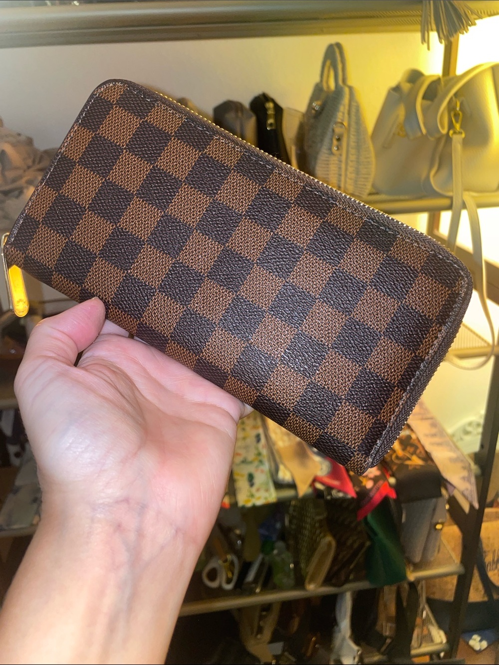 Brown Checkered Zip Wallet